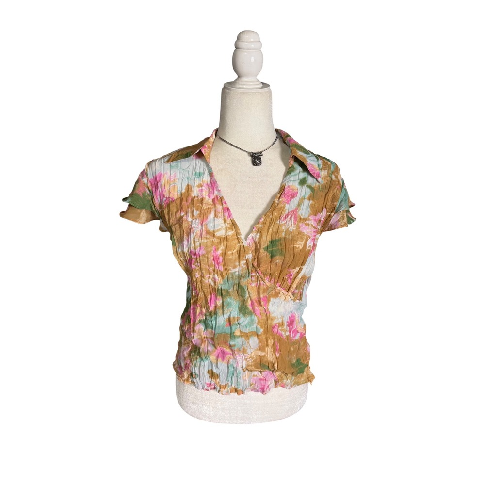 Violet & Claire Sheer Crinkle Floral Wrap‎ Top Brown Pink Ruffle Sleeve Y2K